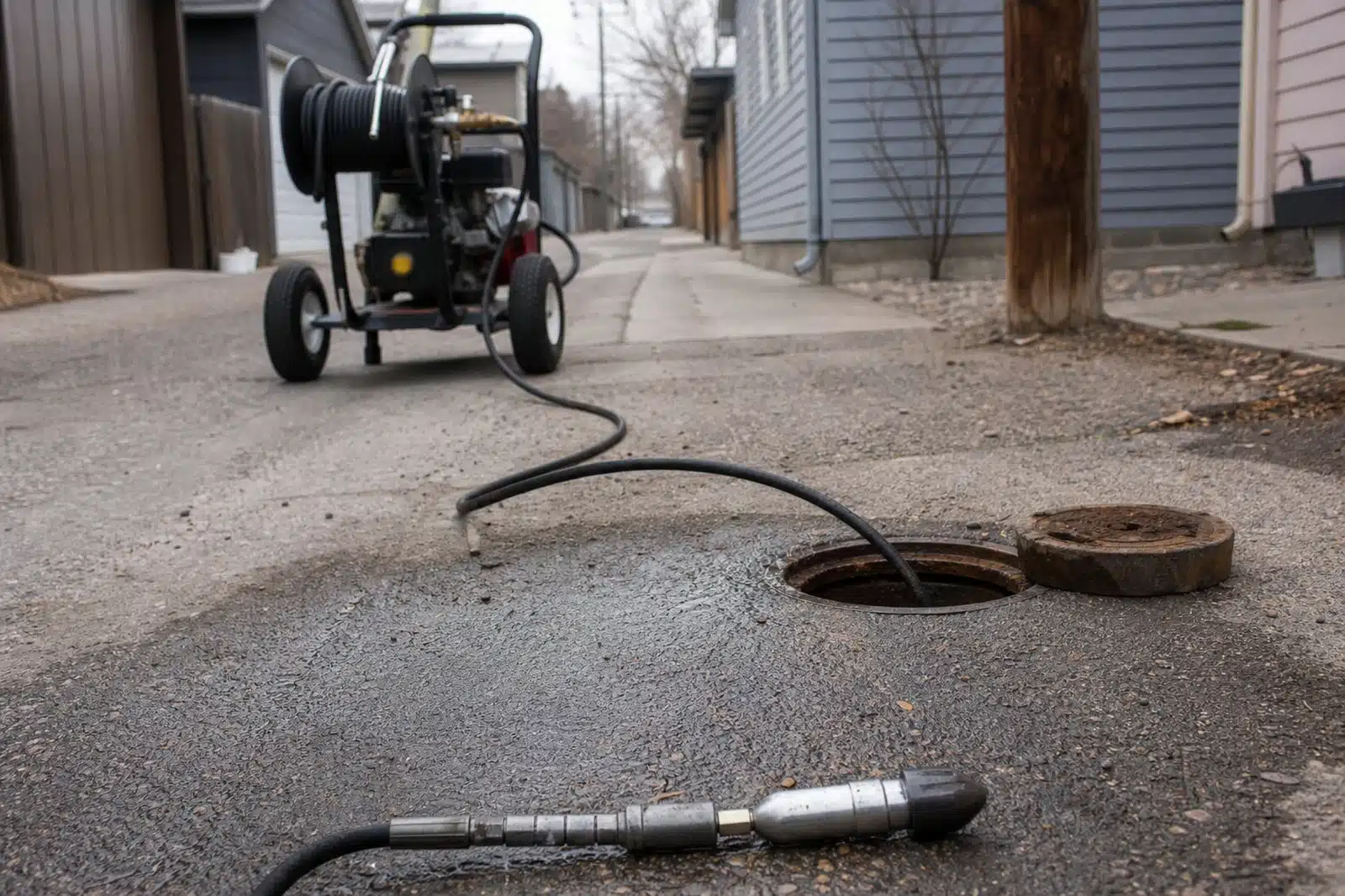 A cart-mounted hydro jetting unit in a Denver alley with its high pressure hose running into an open sewer cleanout and the nozzle resting in the foreground.