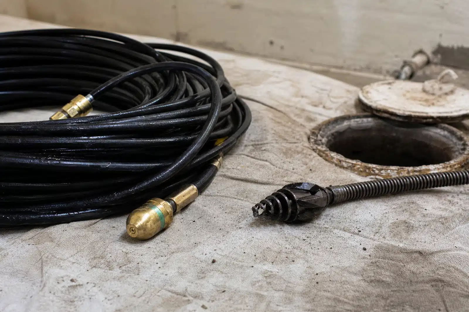 A coiled hydro jetting hose and brass nozzle laid out beside a drain cable and spiral cutter head on a drop cloth next to an open sewer cleanout.
