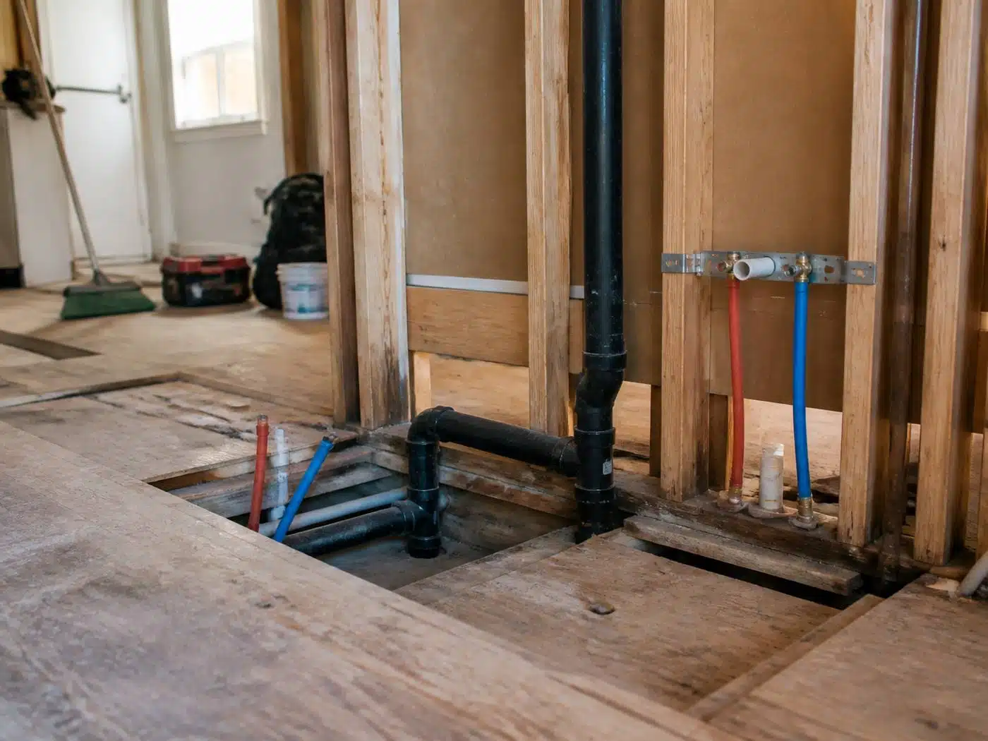 Wider view of the work area, kitchen remodel plumbing rough-in with relocated drain and PEX stub-outs in a Denver home