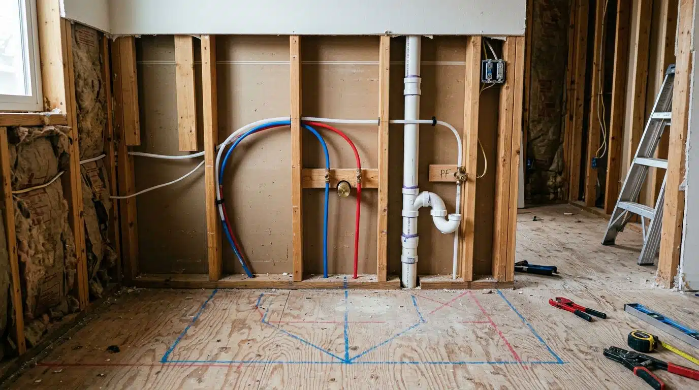 Kitchen remodel plumbing rough-in with relocated drain and PEX stub-outs in a Denver home