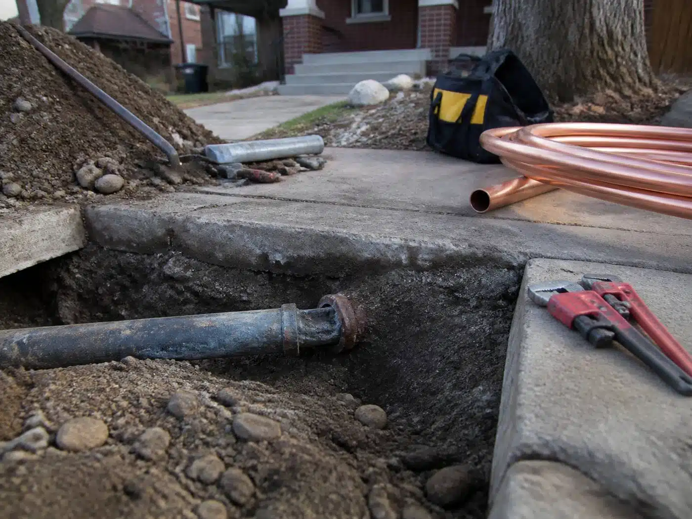 Wider view of the work area, lead water service pipe exposed at the curb of an older Denver home with new copper staged