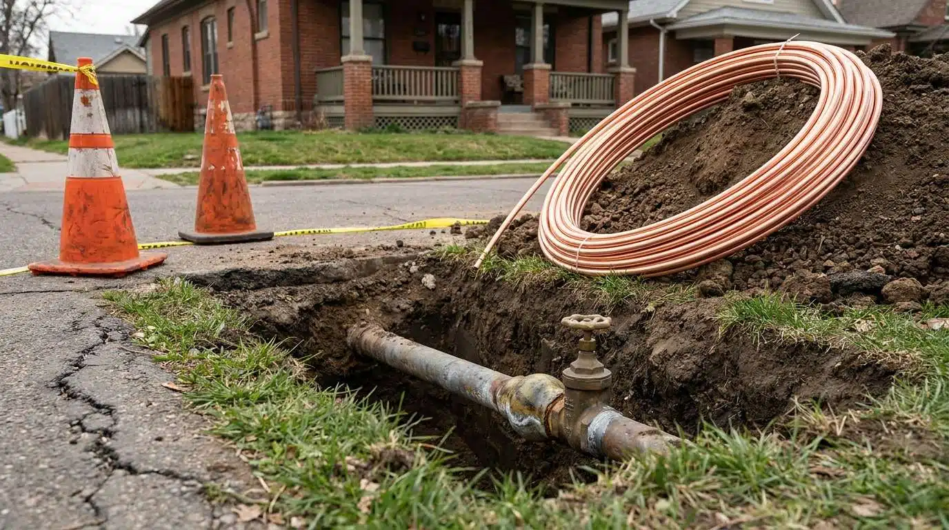 Lead water service pipe exposed at the curb of an older Denver home with new copper staged