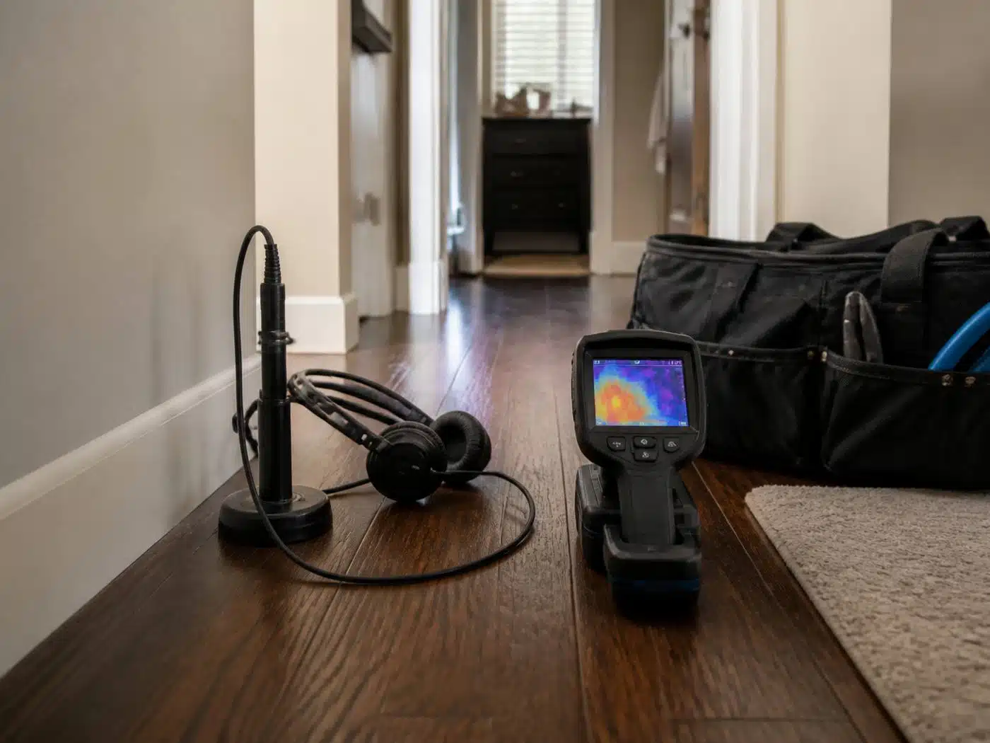 Wider view of the work area, acoustic listening microphone and thermal camera locating a hidden water leak in a Denver home