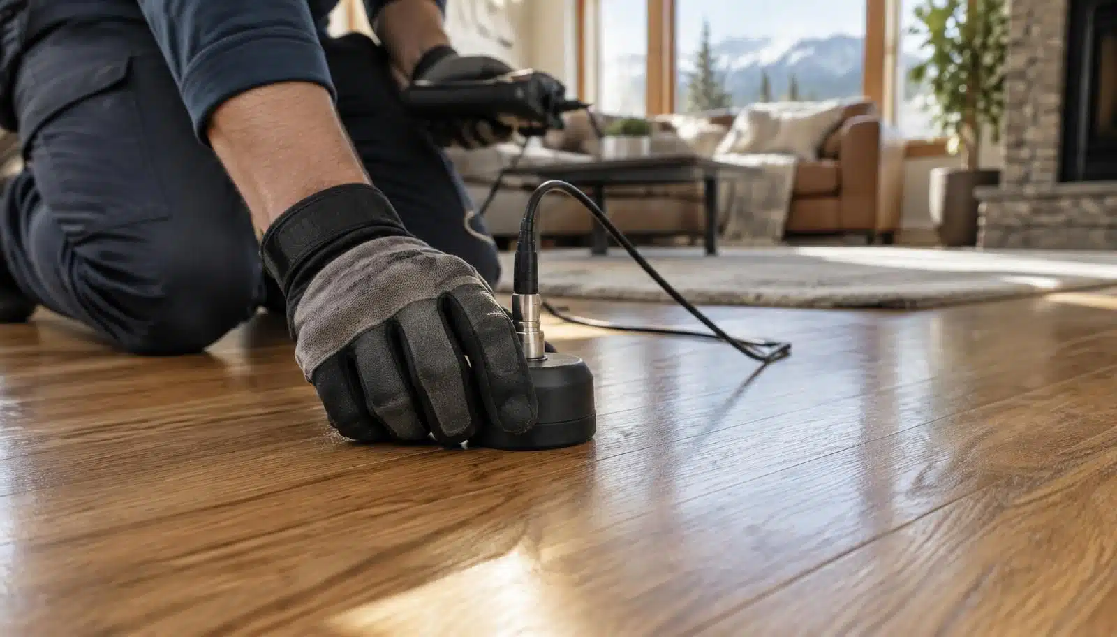 A plumber's gloved hand pressing an acoustic leak detection sensor against a hardwood floor in a sunlit Denver living room, with mountains visible through the window.