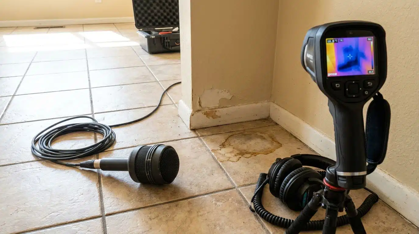Acoustic listening microphone and thermal camera locating a hidden water leak in a Denver home