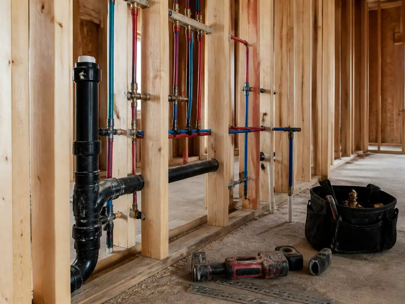 Wider view of the work area, new construction plumbing rough-in with PEX supply lines and ABS drain piping run through framed walls
