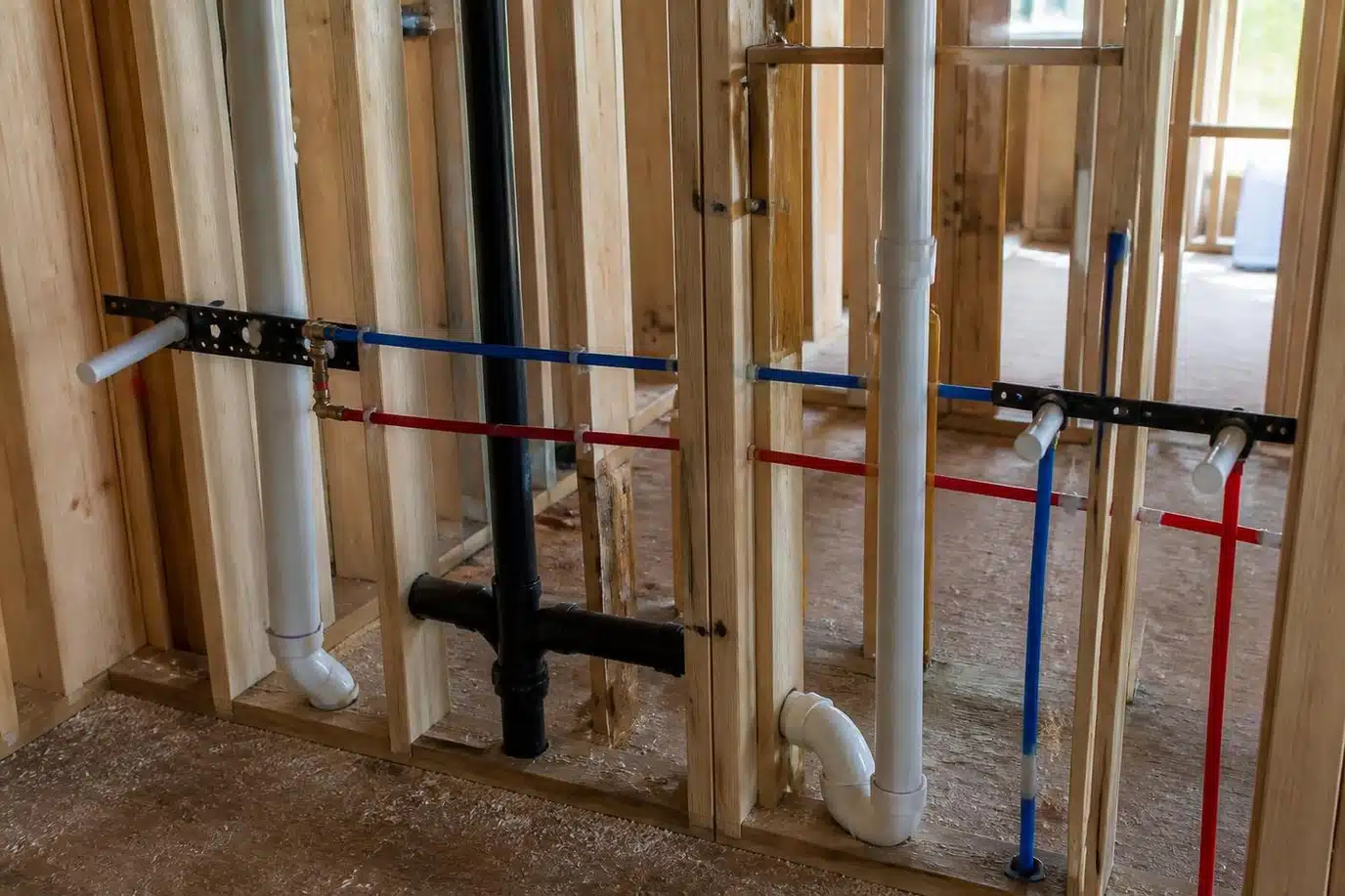 New construction plumbing rough-in with PEX supply lines and ABS drain piping run through framed walls