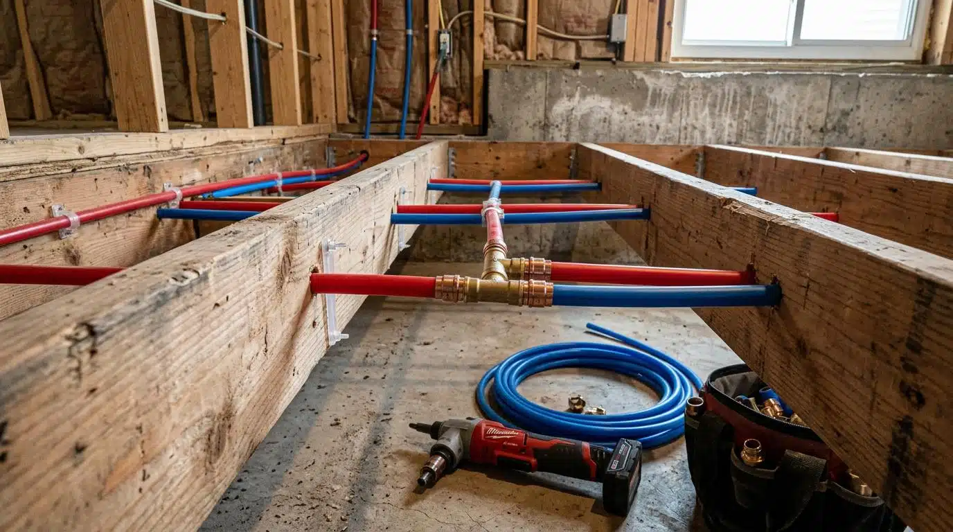Red and blue PEX tubing run through basement floor joists during a Denver repipe