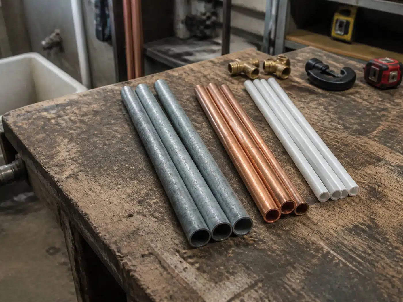 Wider view of the work area, pEX, copper, and CPVC pipe samples compared for Denver water line replacement