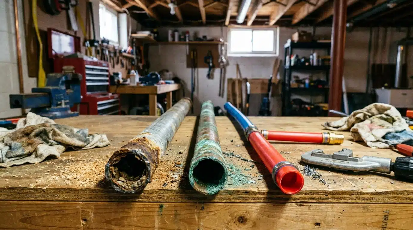 PEX, copper, and CPVC pipe samples compared for Denver water line replacement