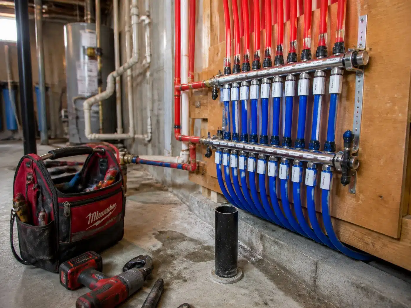 Wider view of the work area, new PEX manifold with labeled shutoff ports installed in a Denver basement