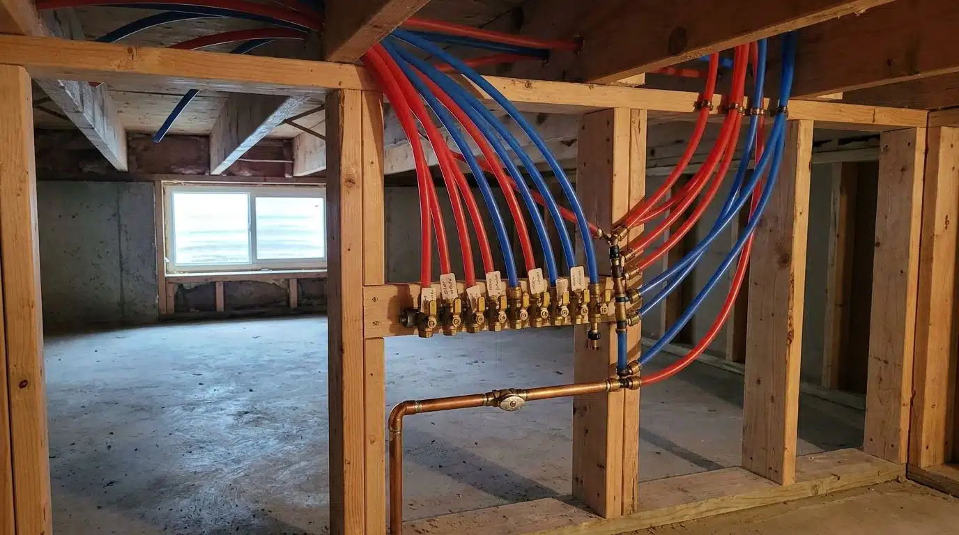 New PEX manifold with labeled shutoff ports installed in a Denver basement
