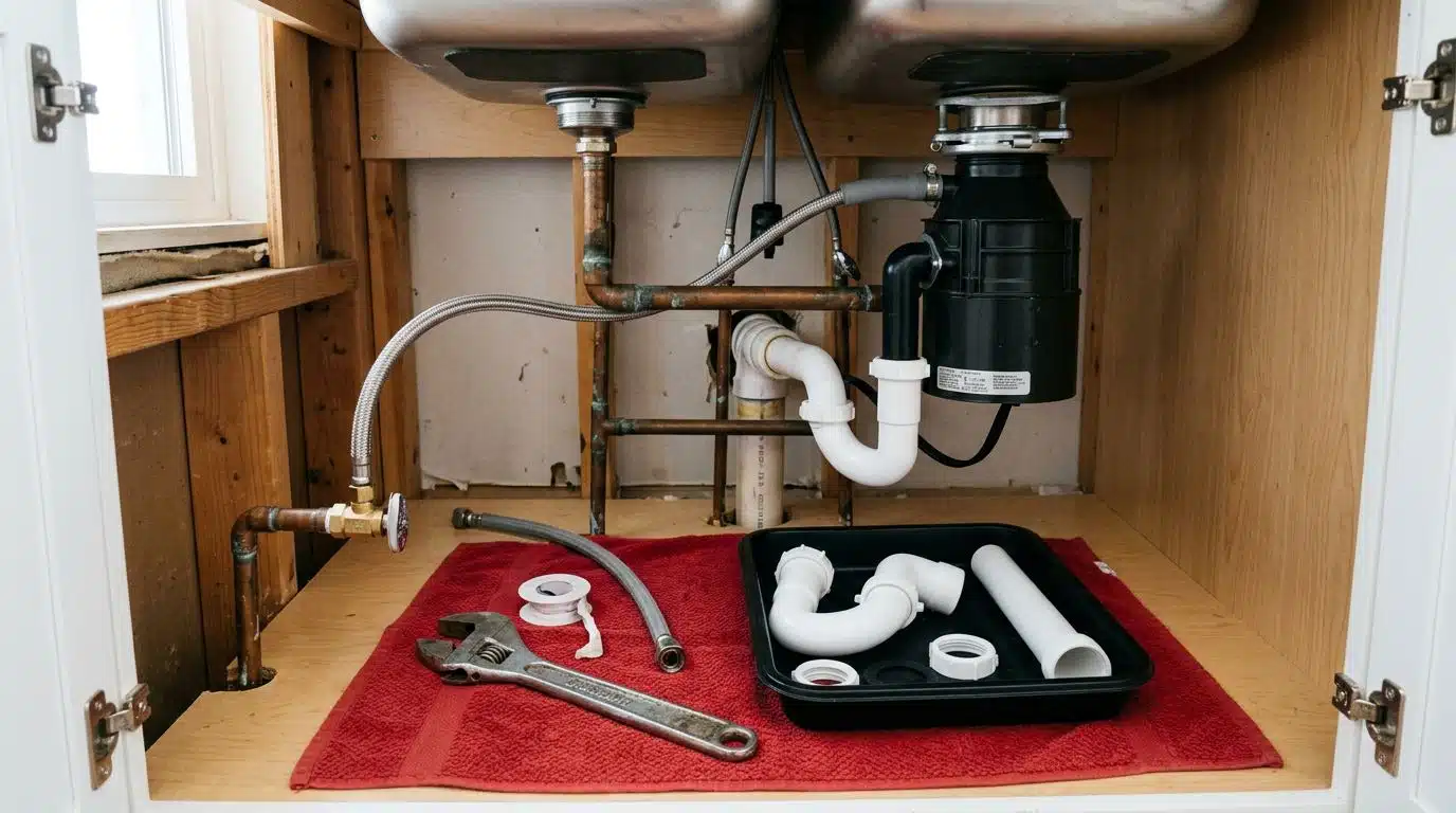 Plumbing repair underway beneath a sink in a Denver home