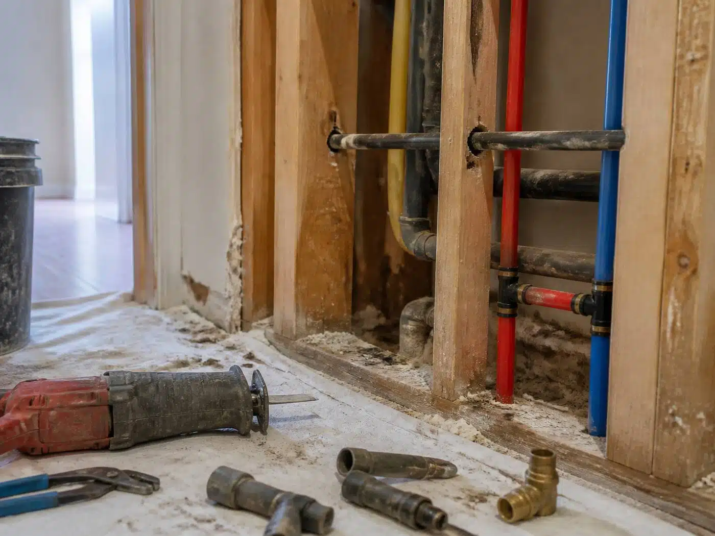Wider view of the work area, failed gray polybutylene tubing and fitting cut out beside new PEX in a Denver home