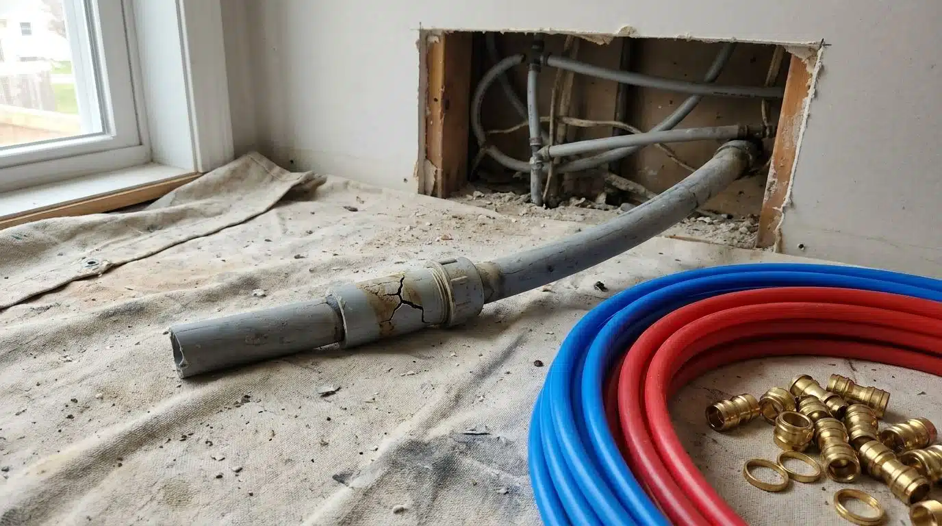 Failed gray polybutylene tubing and fitting cut out beside new PEX in a Denver home