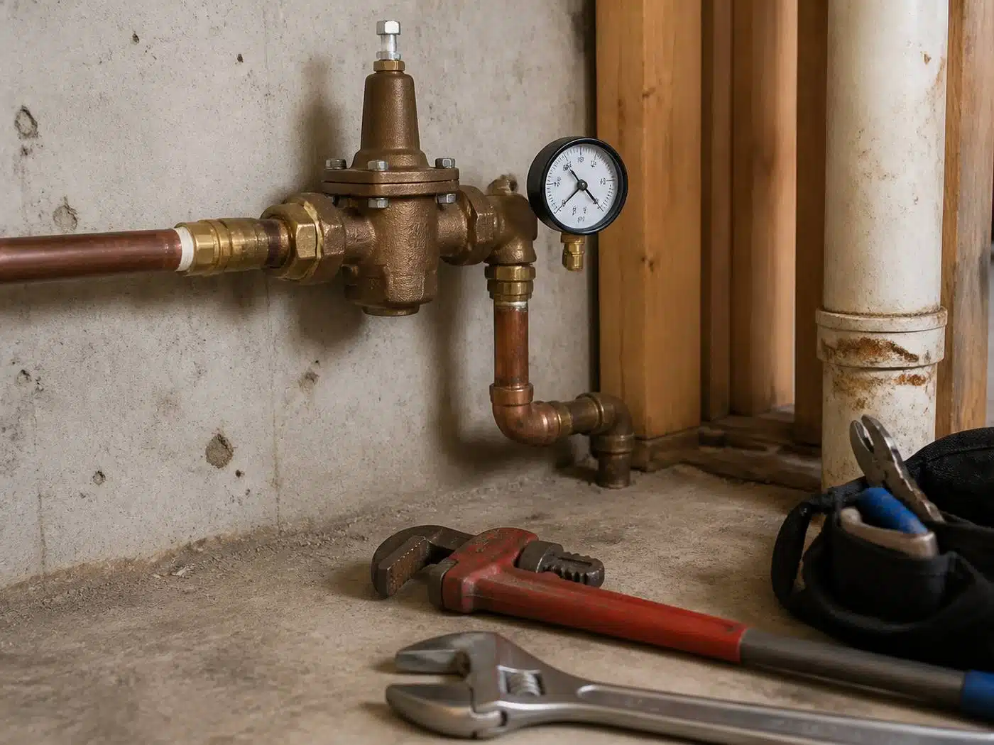 Wider view of the work area, brass pressure reducing valve on the main water line with a test gauge in a Denver home