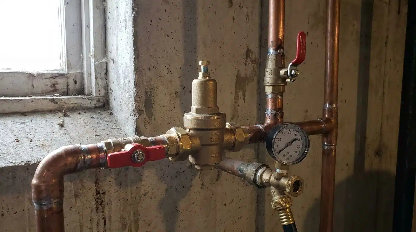 Brass pressure reducing valve on the main water line with a test gauge in a Denver home