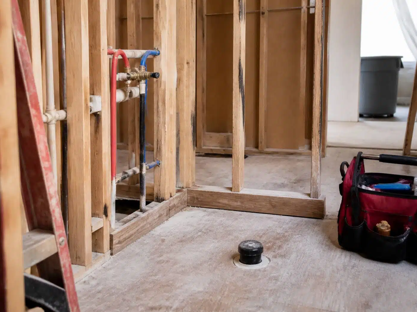 Wider view of the work area, bathroom renovation plumbing rough-in with new supply stubs at the shower valve and a capped drain in the subfloor