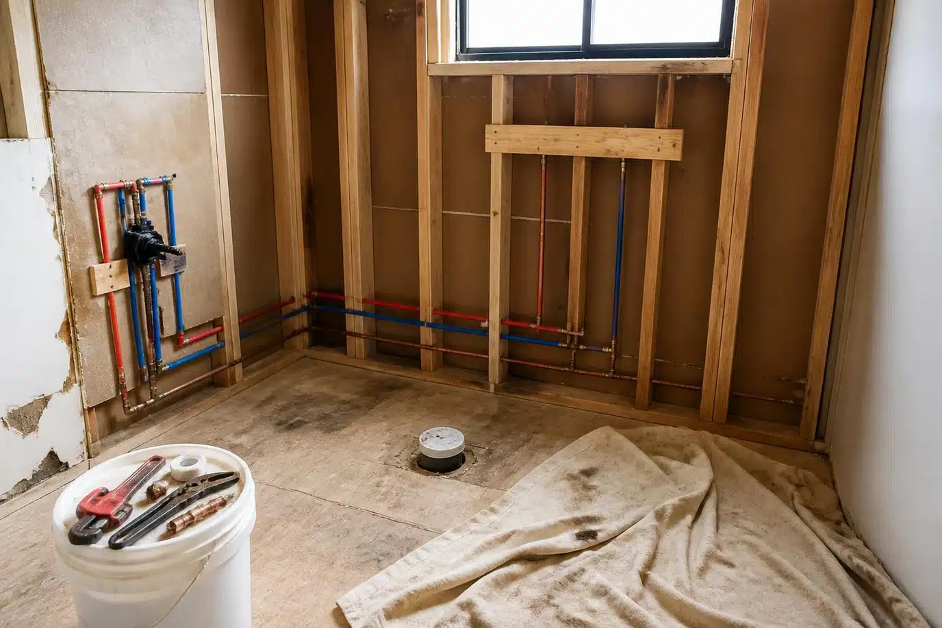 Bathroom renovation plumbing rough-in with new supply stubs at the shower valve and a capped drain in the subfloor