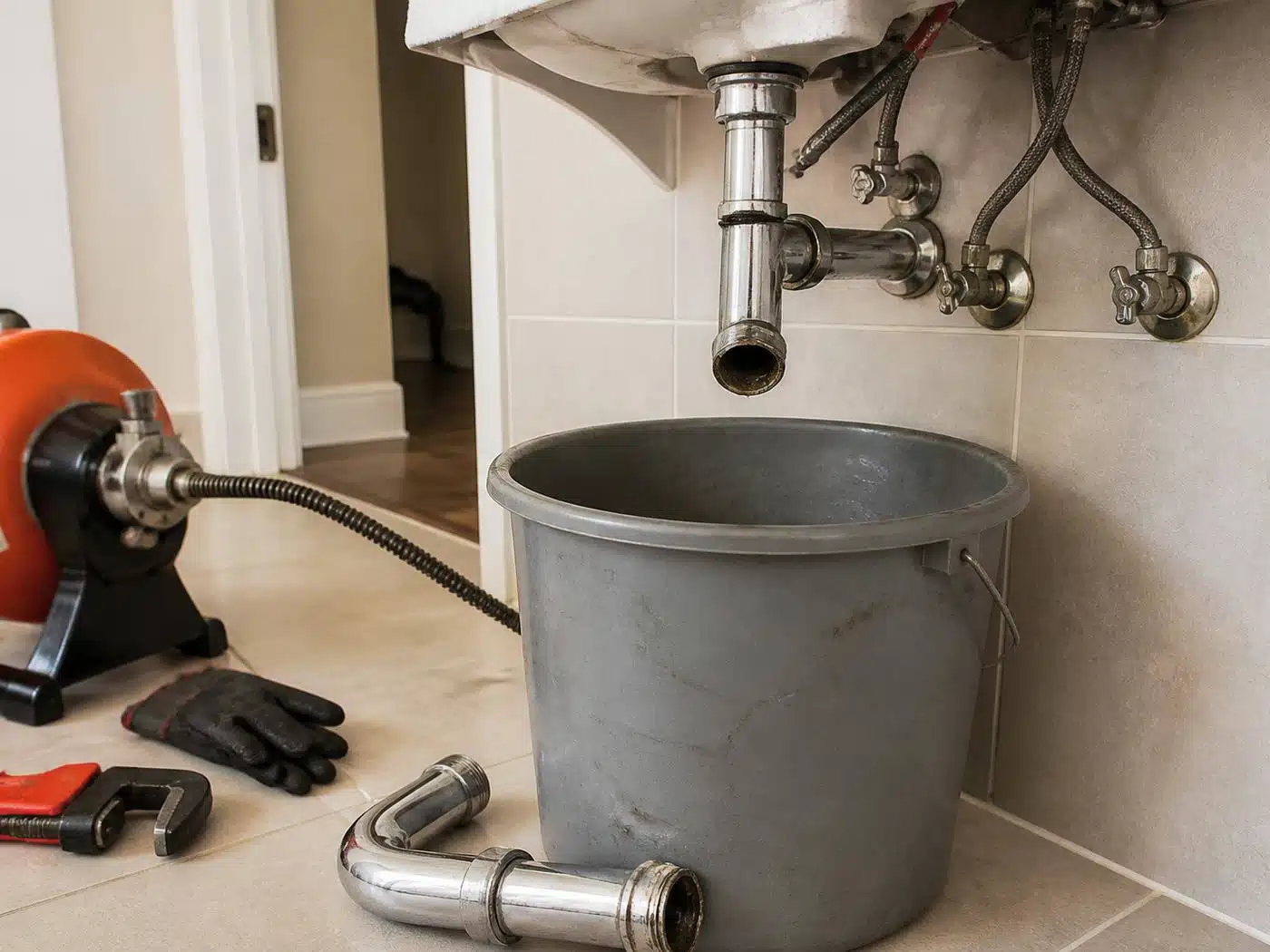 Wider view of the work area, bathroom sink P-trap opened over a bucket during residential drain cleaning in Denver