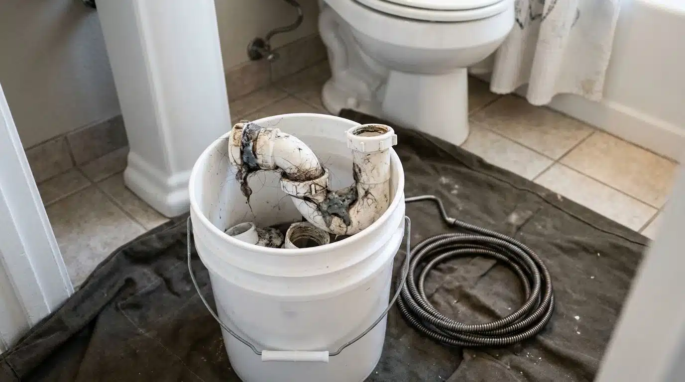 Bathroom sink P-trap opened over a bucket during residential drain cleaning in Denver