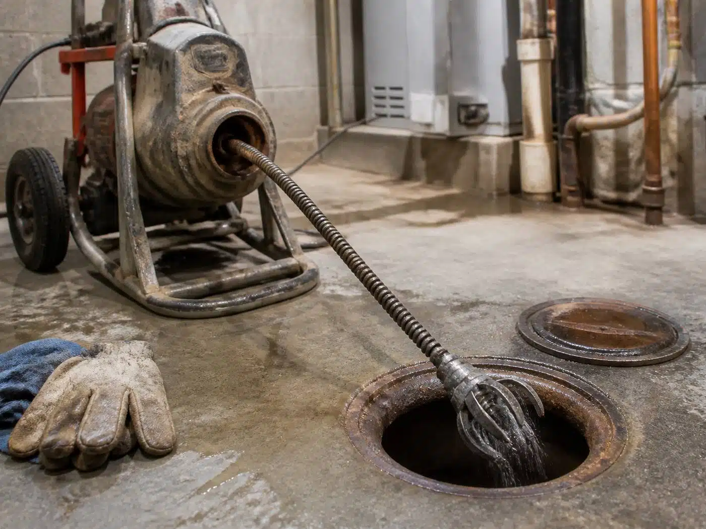 Wider view of the work area, rooter machine and cutter head at a main line cleanout in a Denver home basement