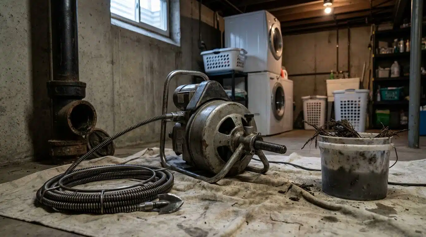 Rooter machine and cutter head at a main line cleanout in a Denver home basement