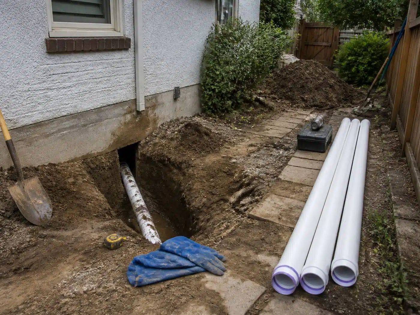 Wider view of the work area, compact sewer lateral excavation in the side yard of a Denver bungalow with replacement PVC staged