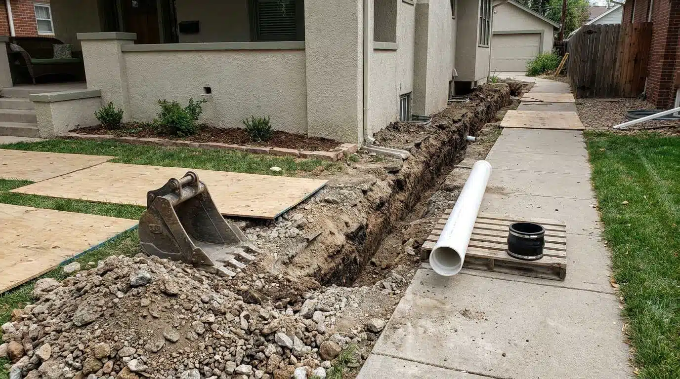 Compact sewer lateral excavation in the side yard of a Denver bungalow with replacement PVC staged