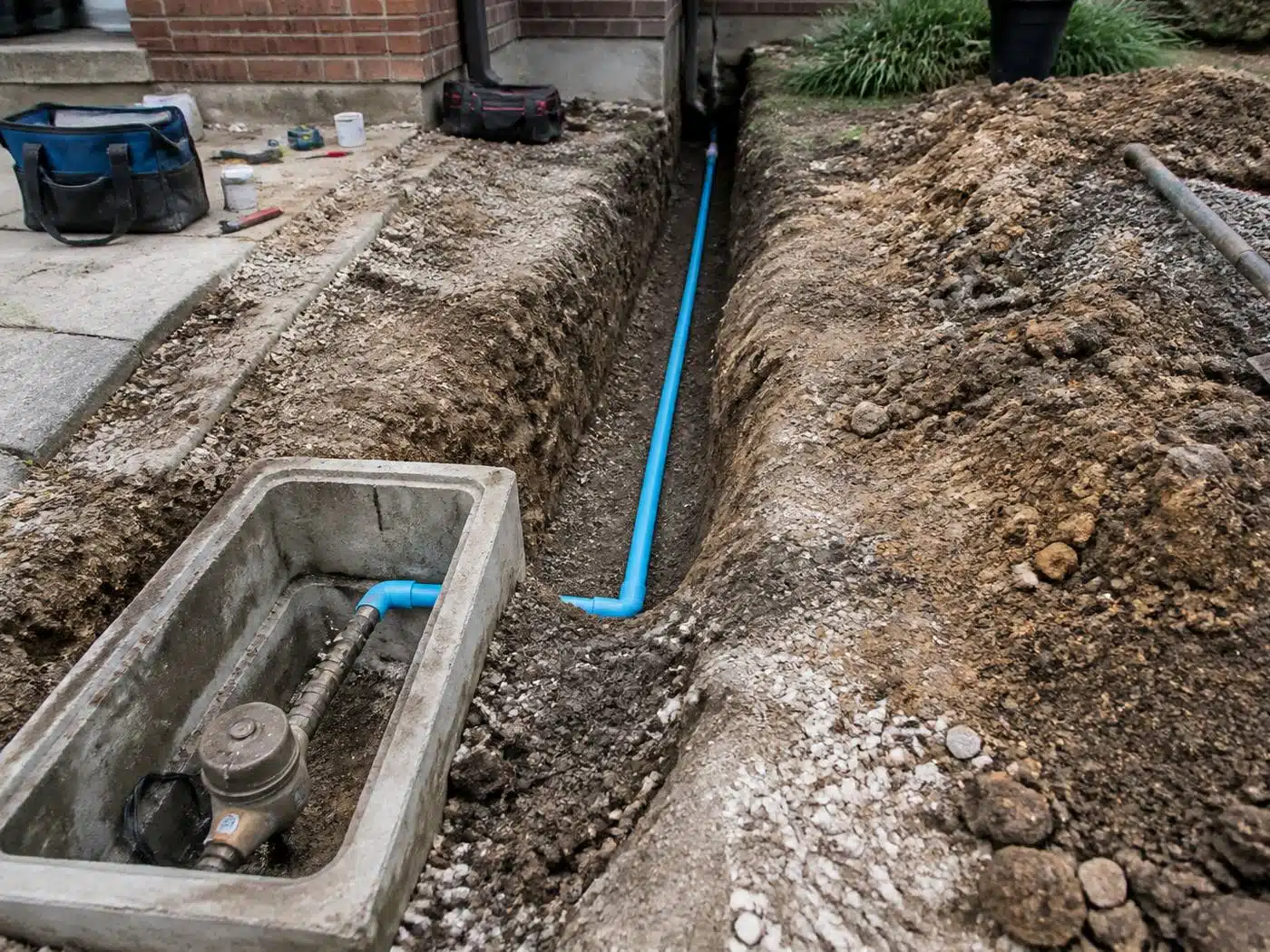 Wider view of the work area, trench from the meter pit to the foundation with new blue water service pipe at a Denver home