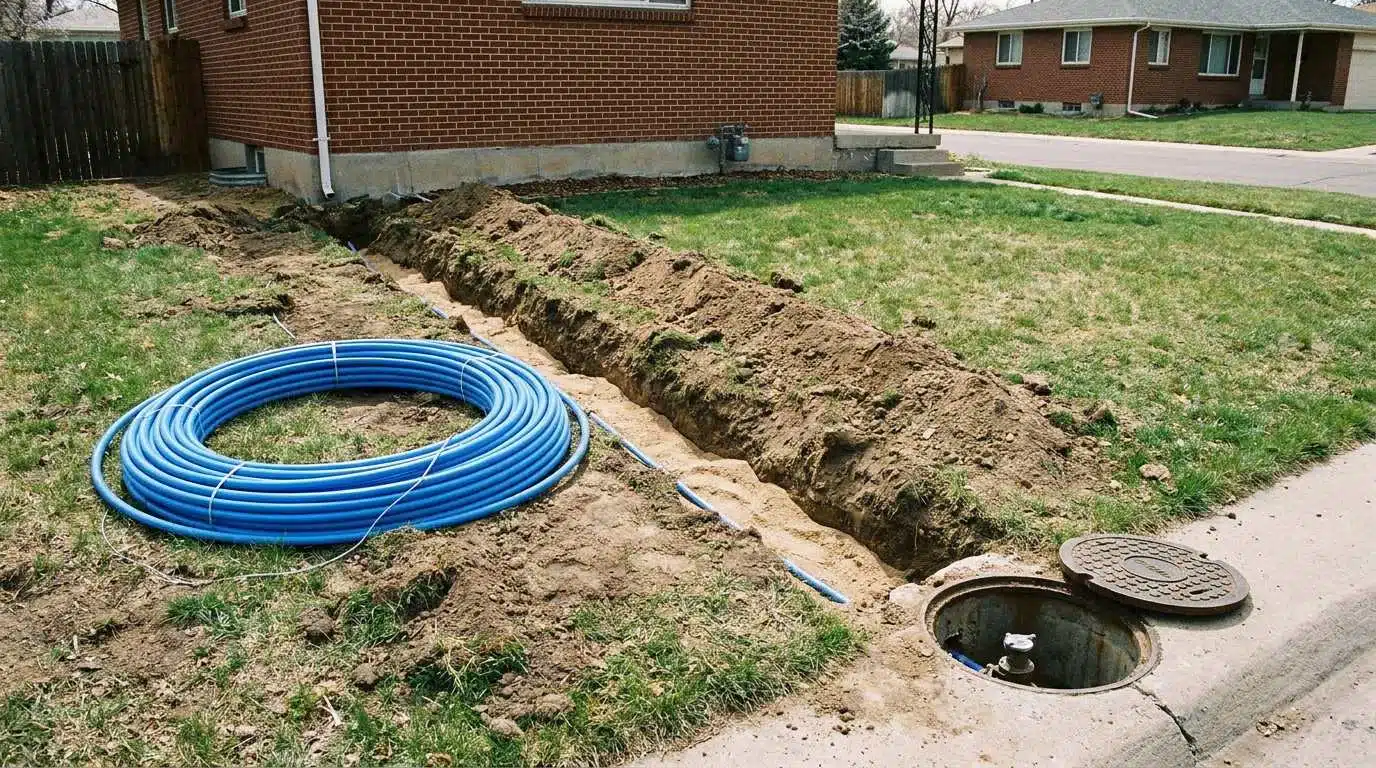 Trench from the meter pit to the foundation with new blue water service pipe at a Denver home