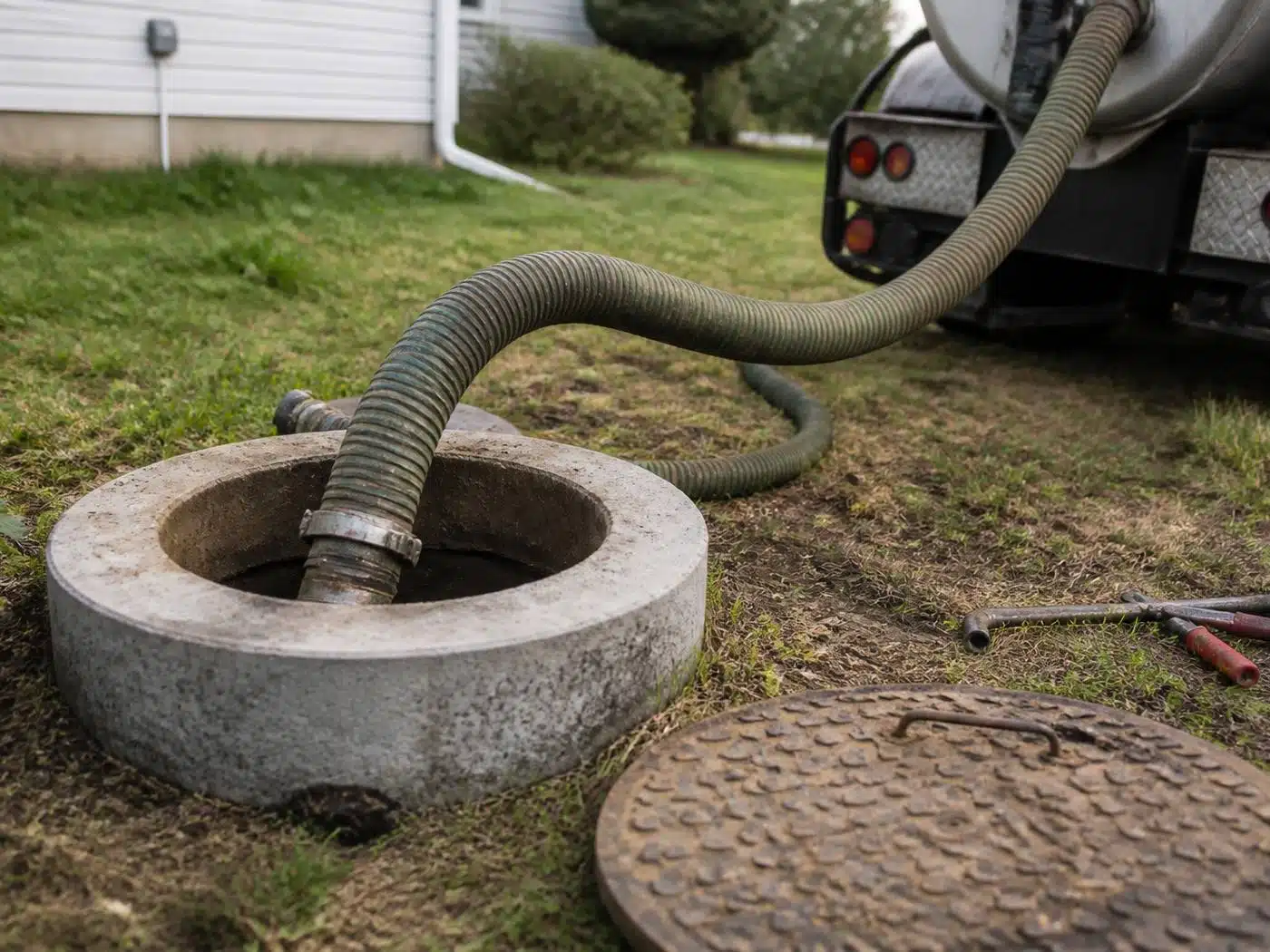 Wider view of the work area, septic tank pumping on a Colorado property with a heavy vacuum hose lowered into an exposed concrete tank riser