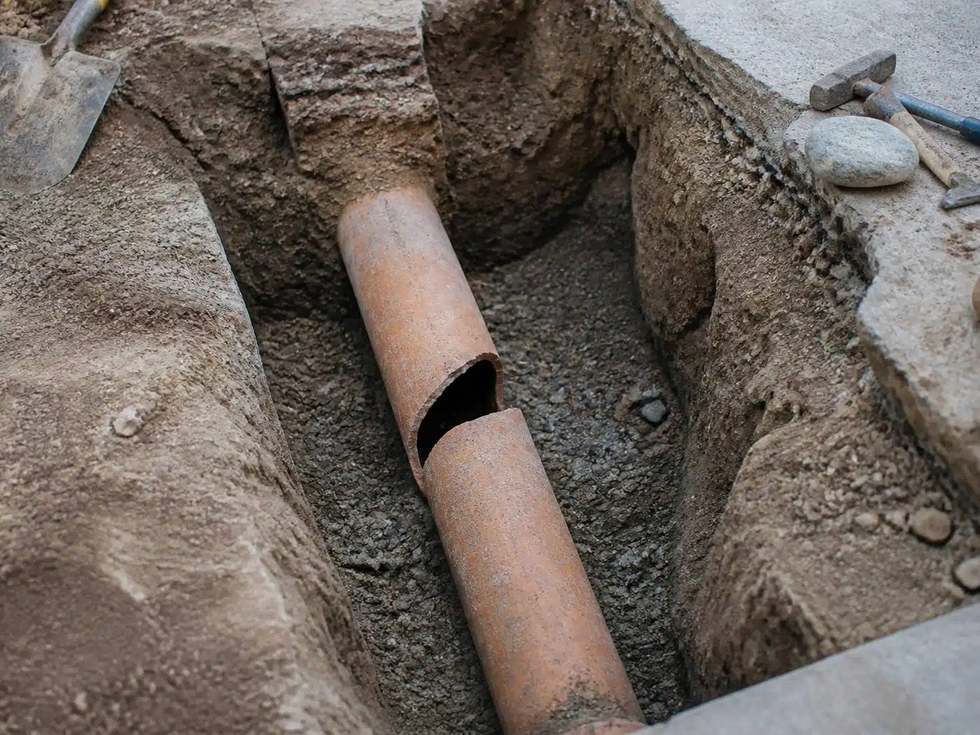 Wider view of the work area, cracked clay sewer pipe section cut out for a spot repair in a Denver trench