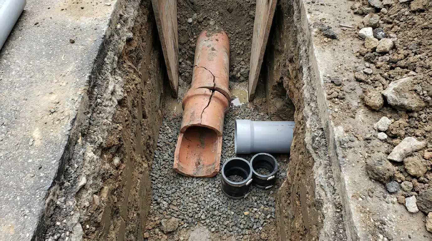 Cracked clay sewer pipe section cut out for a spot repair in a Denver trench