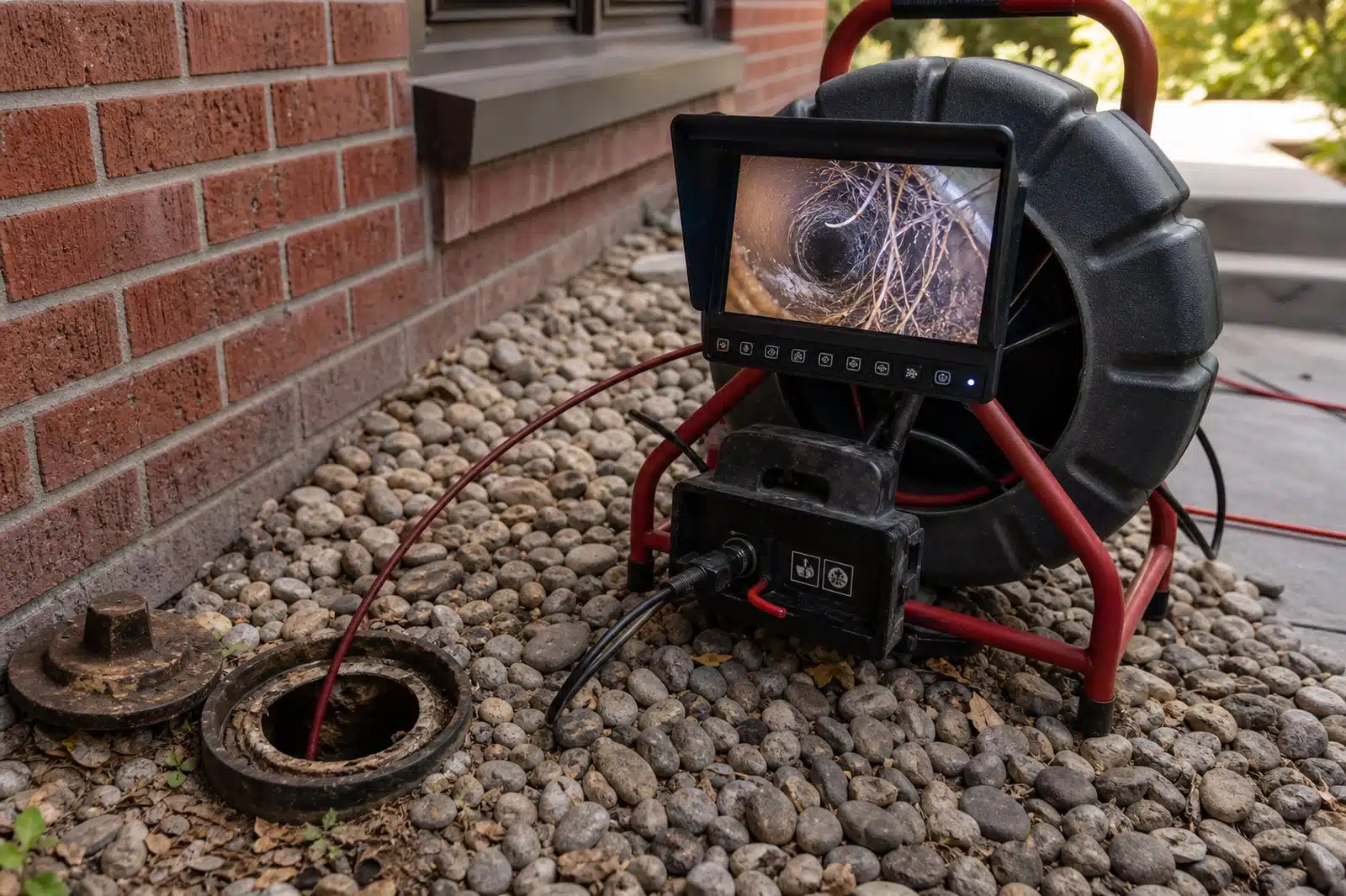 A sewer camera reel and monitor set up at an open cleanout beside a Denver brick house, the screen showing root strands inside an old clay pipe.