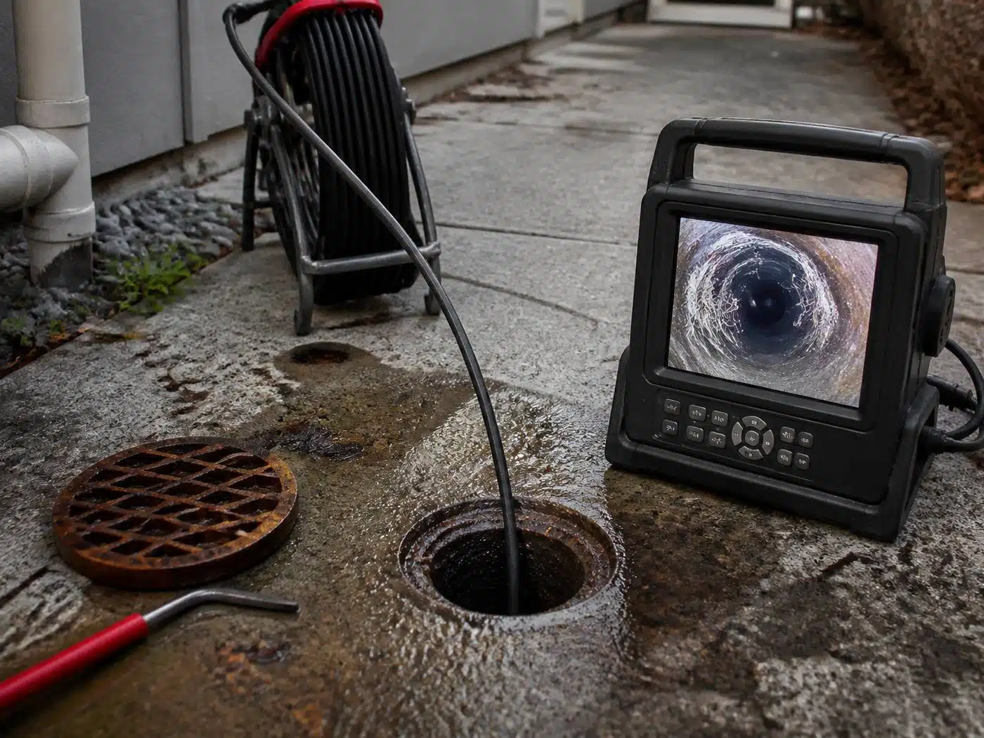 Wider view of the work area, sewer camera reel and monitor showing a root-intruded pipe at a Denver cleanout