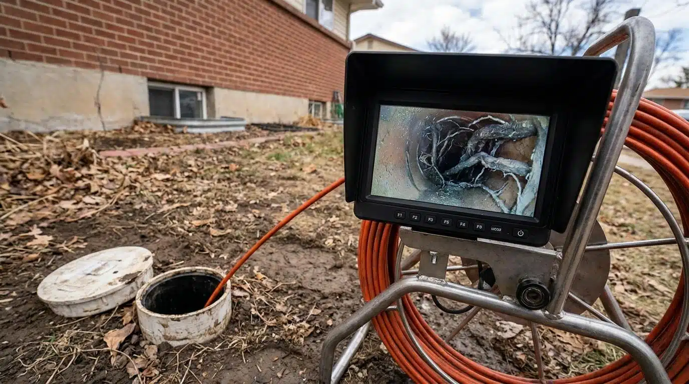 Sewer camera reel and monitor showing a root-intruded pipe at a Denver cleanout