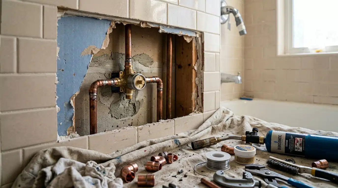 Pressure balance shower valve soldered into copper stub-outs behind an open Denver shower wall