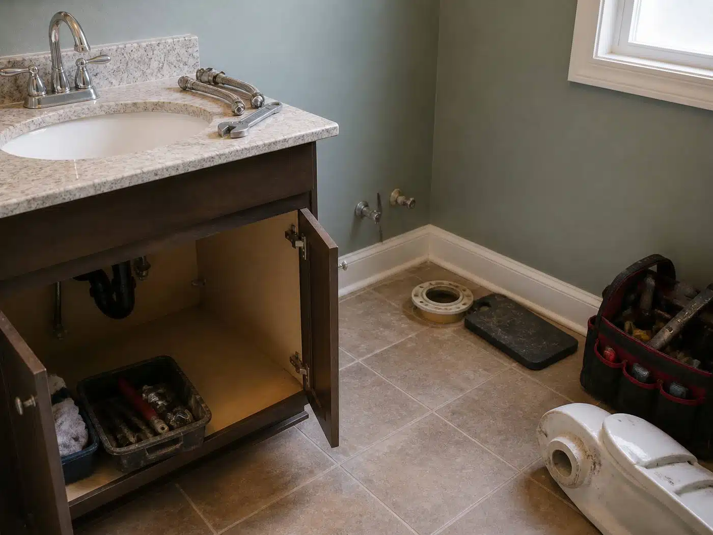 Wider view of the work area, sink faucet and toilet replacement in progress with a new chrome faucet, braided supply lines, and a fresh wax ring at the closet flange