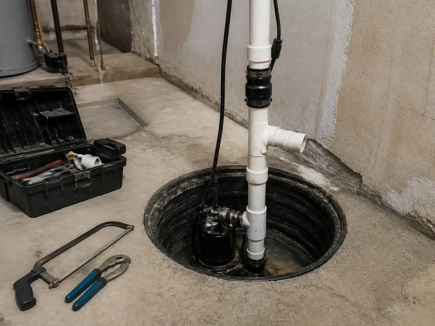 Wider view of the work area, new sump pump and check valve installed in a basement sump pit in Denver