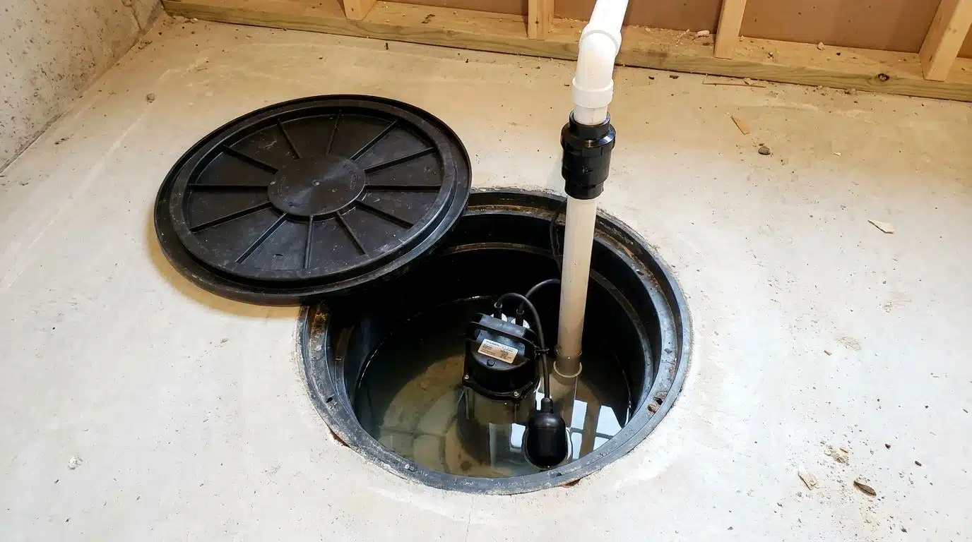 New sump pump and check valve installed in a basement sump pit in Denver