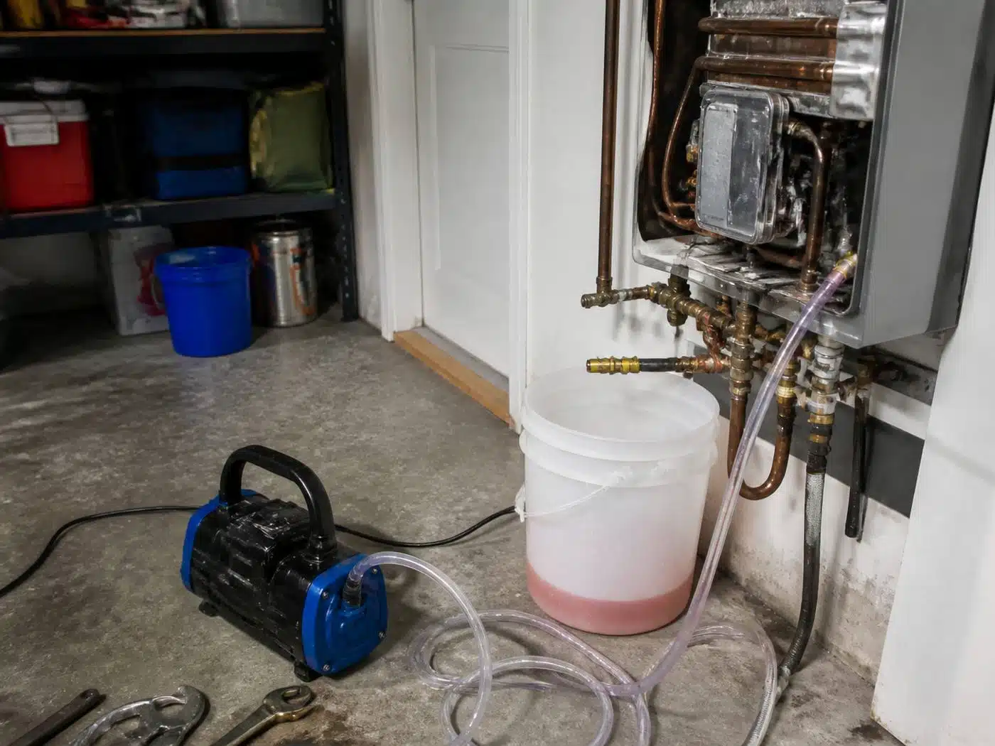 Wider view of the work area, tankless water heater opened for descaling with a flush pump connected in a Denver garage