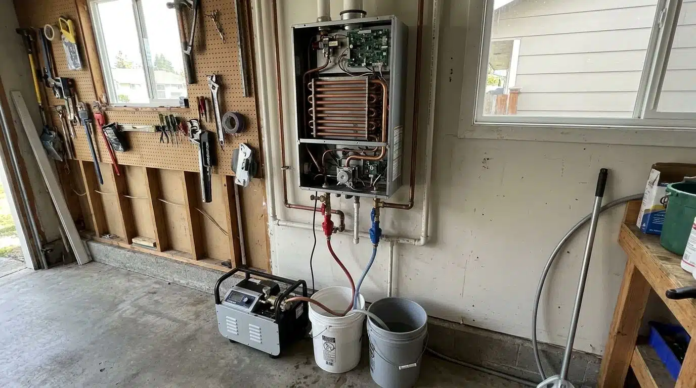 Tankless water heater opened for descaling with a flush pump connected in a Denver garage