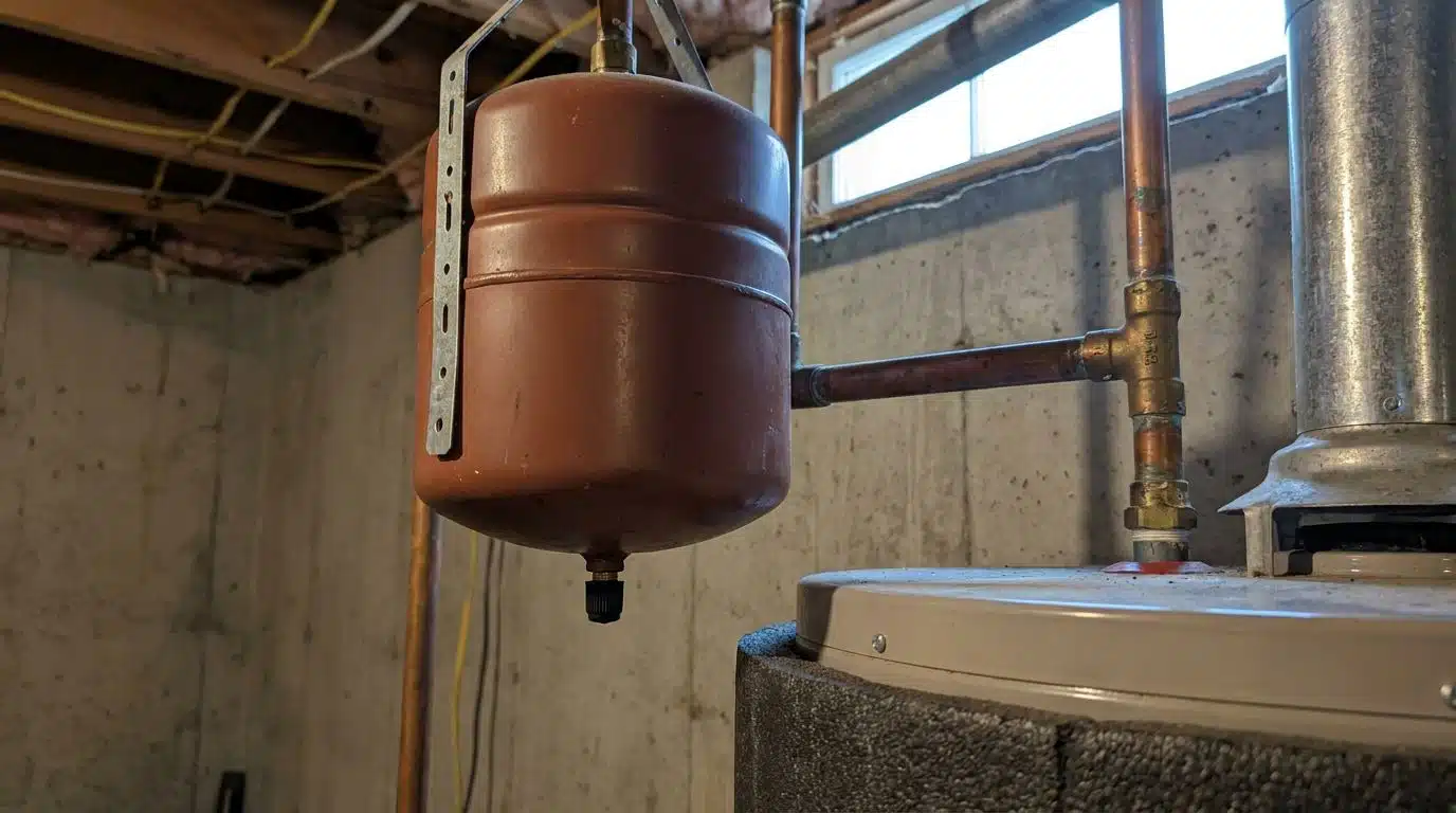 Thermal expansion tank mounted on the cold water line above a Denver water heater