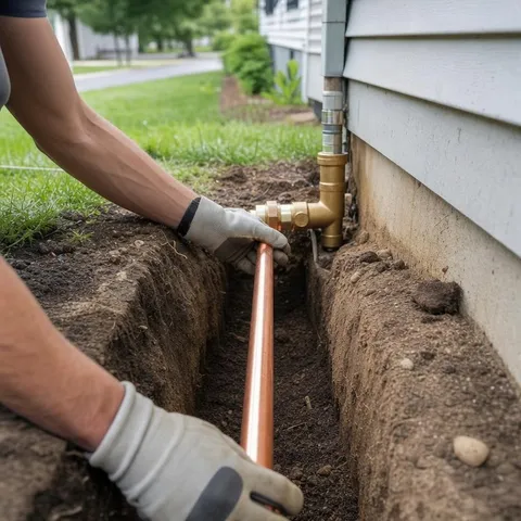 New copper water service line being set in an open trench beside a home