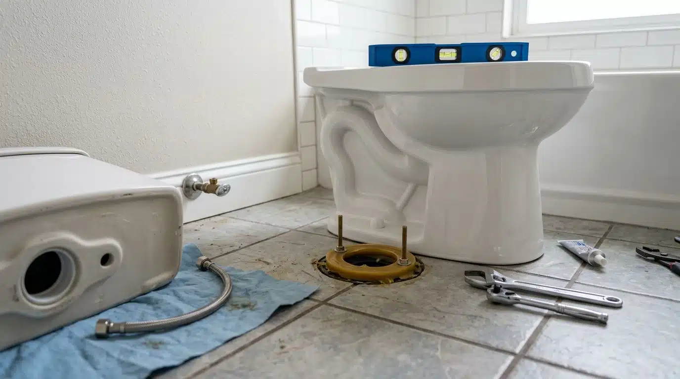 Toilet being set on a new wax ring and closet flange in a Denver bathroom