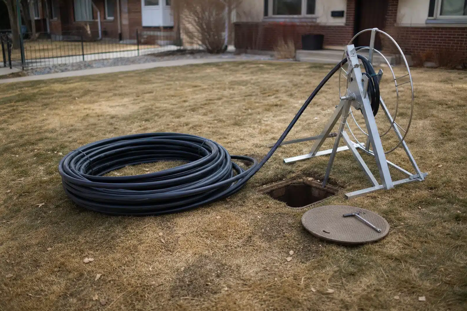 A coil of new black HDPE sewer pipe on a Denver front lawn beside a compact pulling frame set over a single small access pit, the rest of the lawn undisturbed.