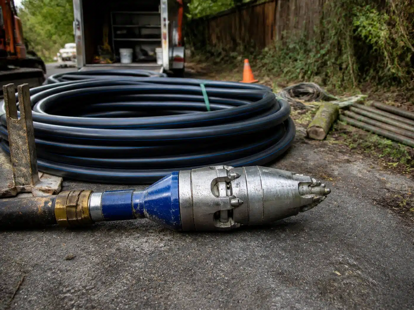 Wider view of the work area, coiled HDPE pipe and pipe bursting head staged for a trenchless sewer replacement in Denver