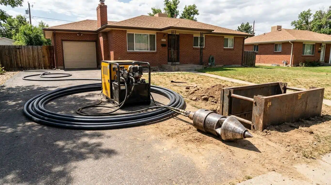 Coiled HDPE pipe and pipe bursting head staged for a trenchless sewer replacement in Denver