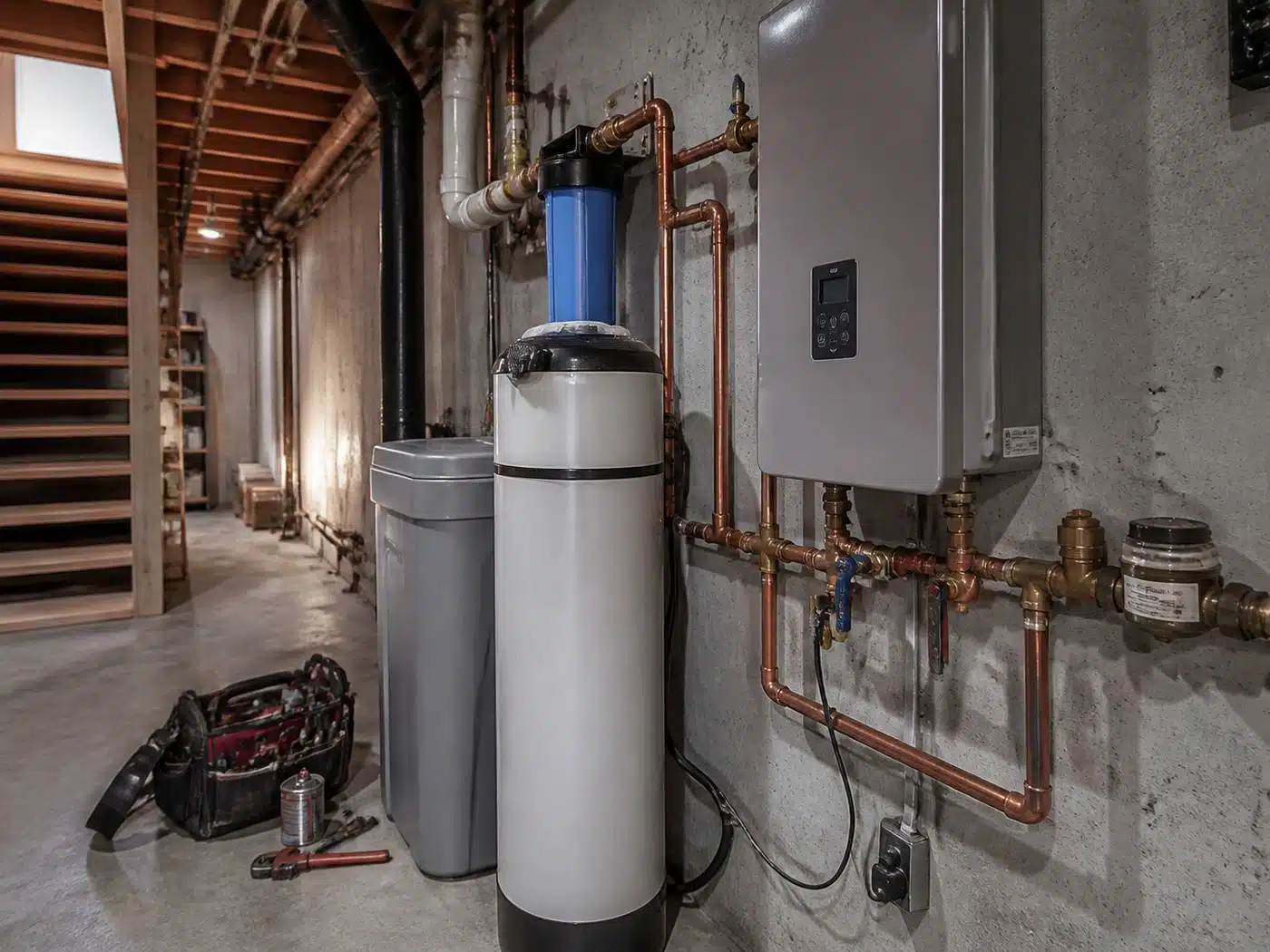 Wider view of the work area, water efficient basement setup with a tankless water heater, softener, and metered main shutoff on clean copper piping